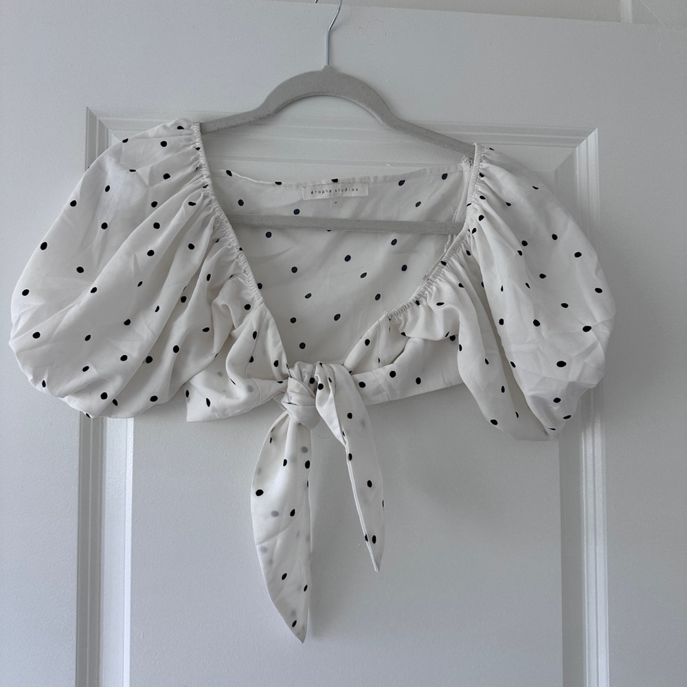 Polka Dot Puff Sleeve Tie-Front Top